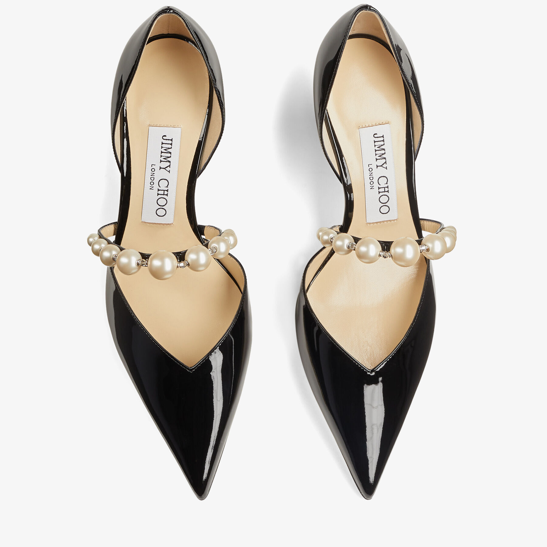 Black Patent Leather Pointed Pumps with Pearl Embellishment