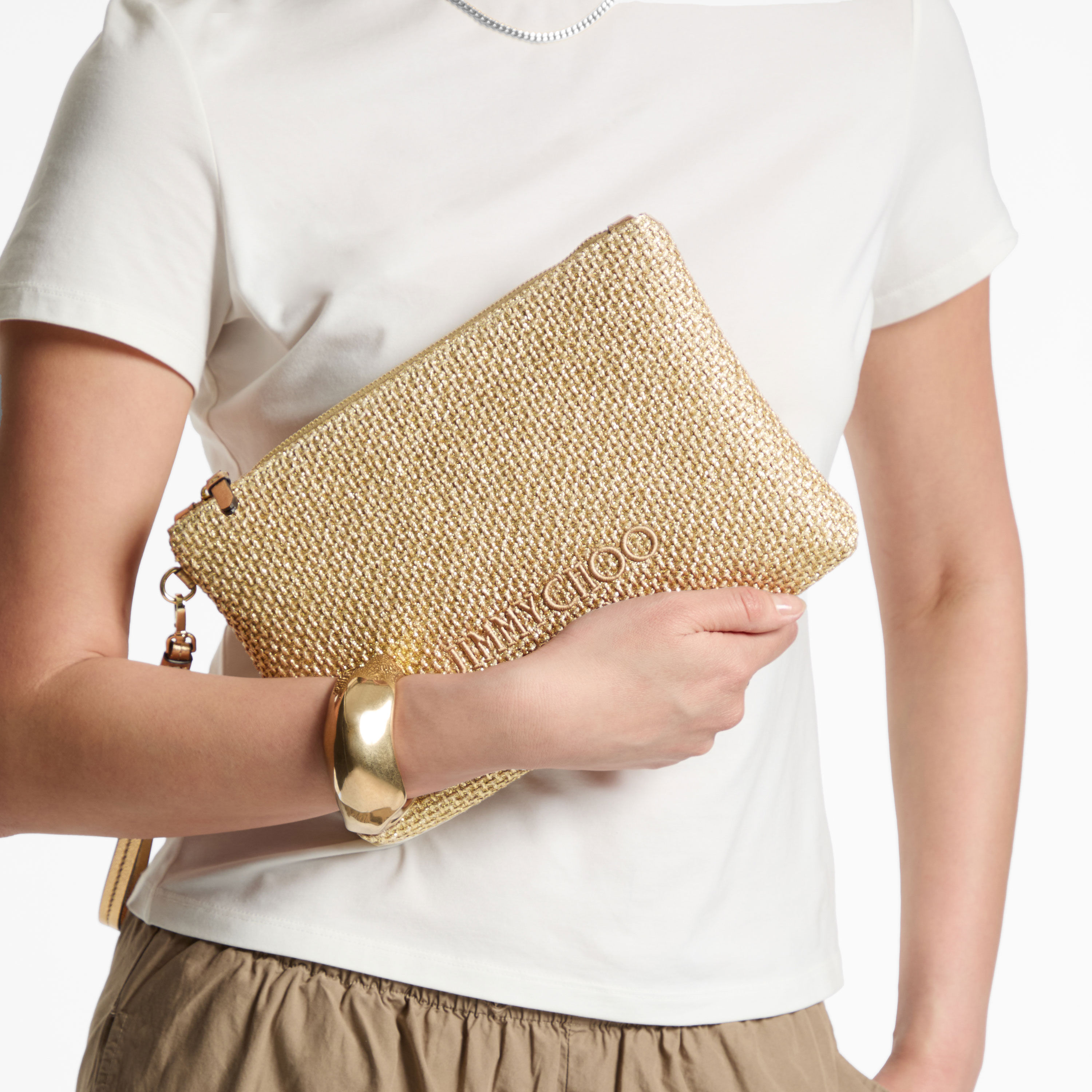Zipped Flat Pouch | Gold and Dark Cappuccino Metallic Raffia