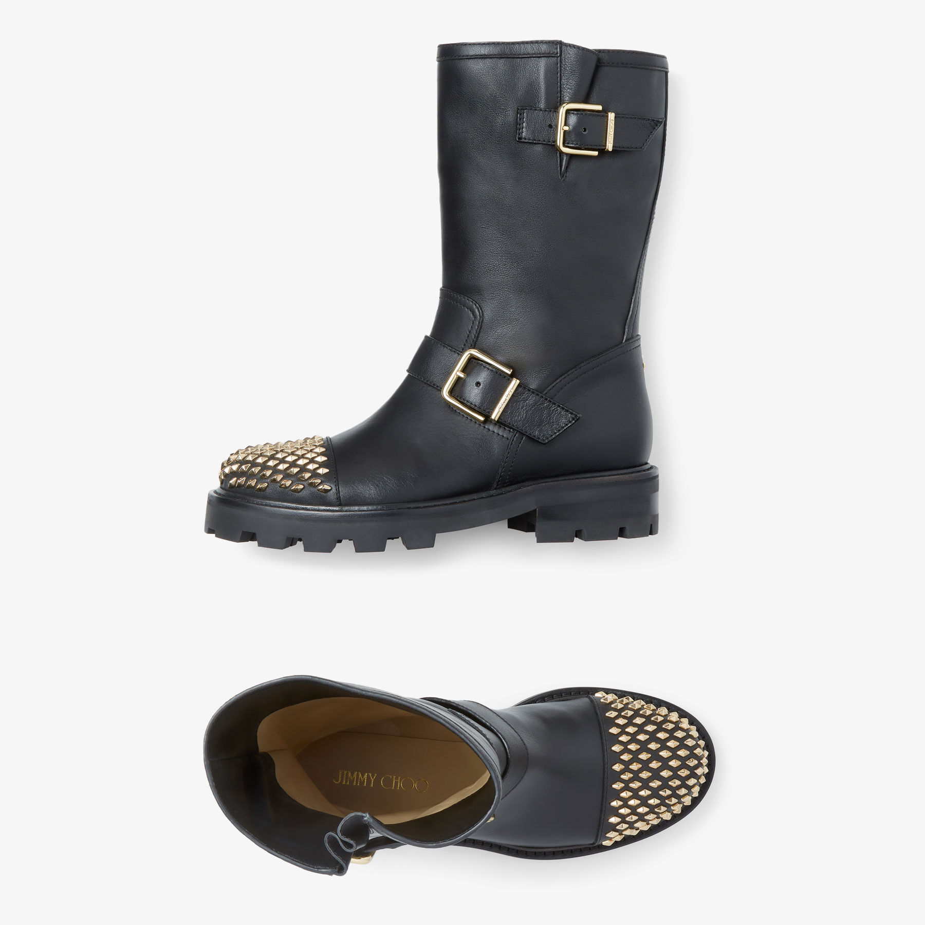 BIKER II Black Smooth Leather Biker Boots with Studs Autumn