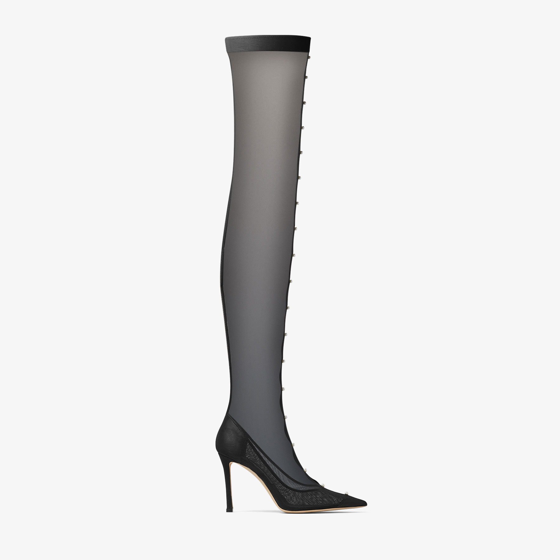 PSYCHE OTK 95 Black Stretch Mesh Over The Knee Boots with Pearls