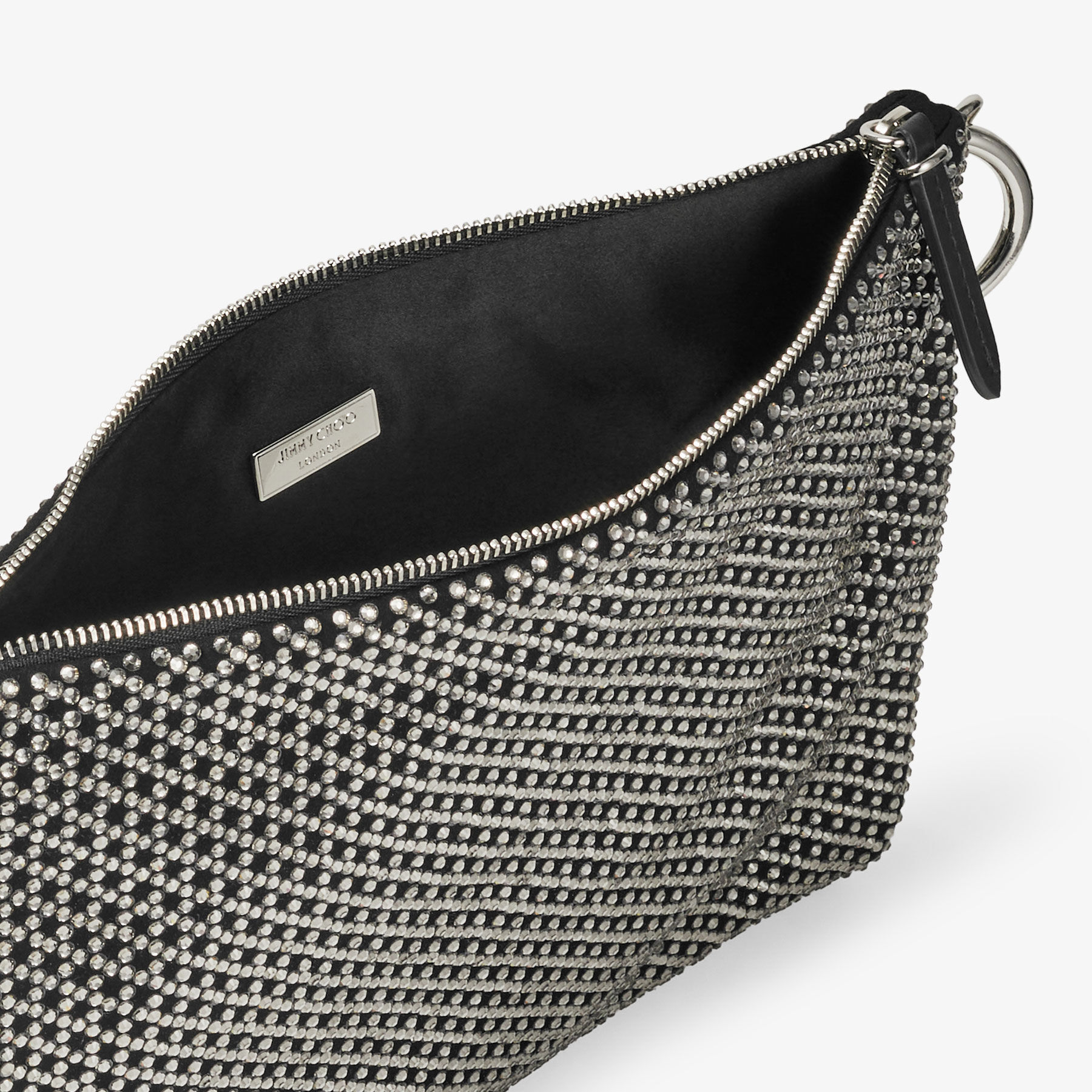 Black Diamond Motif Crystal Hotfix on Suede Clutch Bag | Callie | Pre Fall  18 | JIMMY CHOO