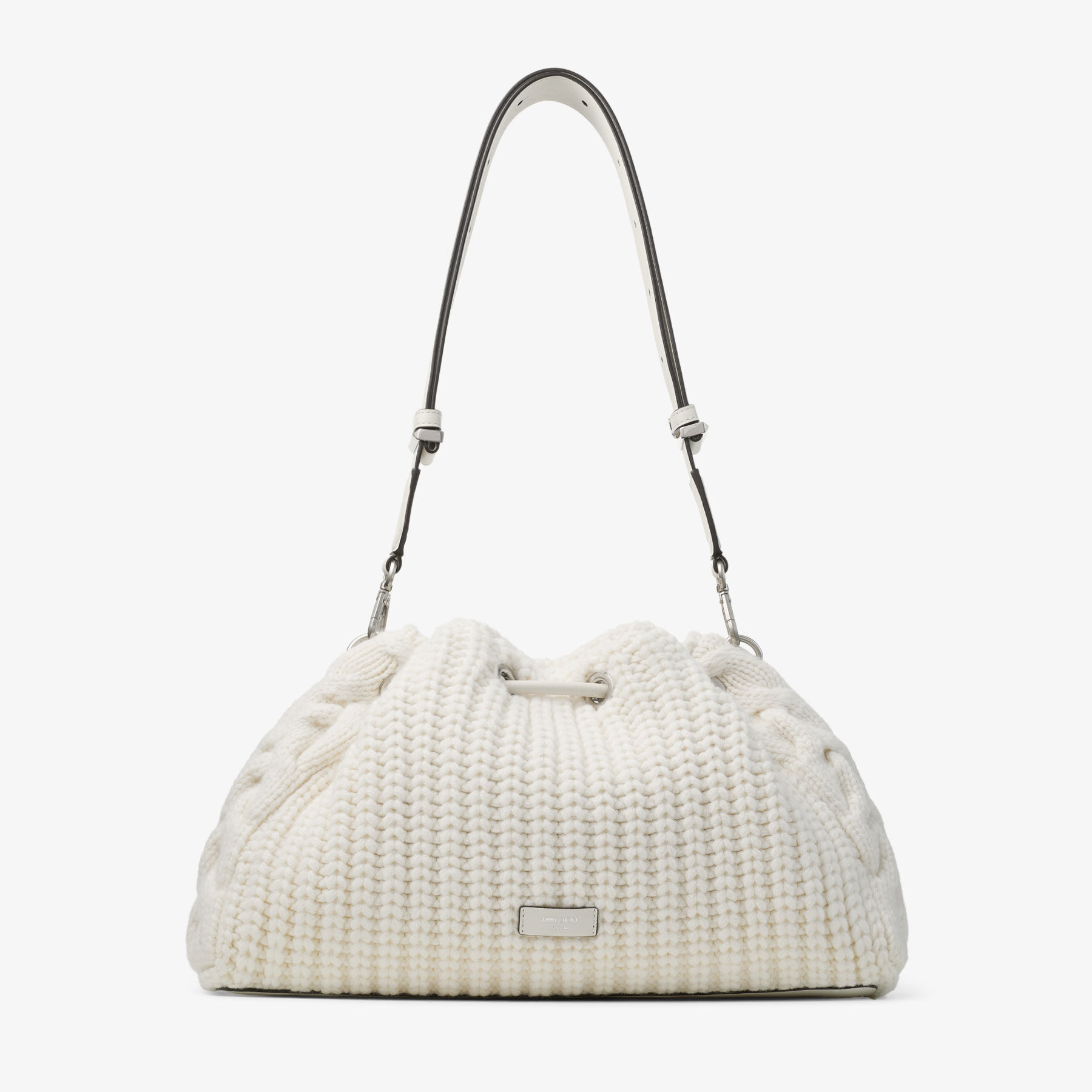 まり Cinch M | Latte Knitted Wool Bucket Bag | JIMMY CHOO