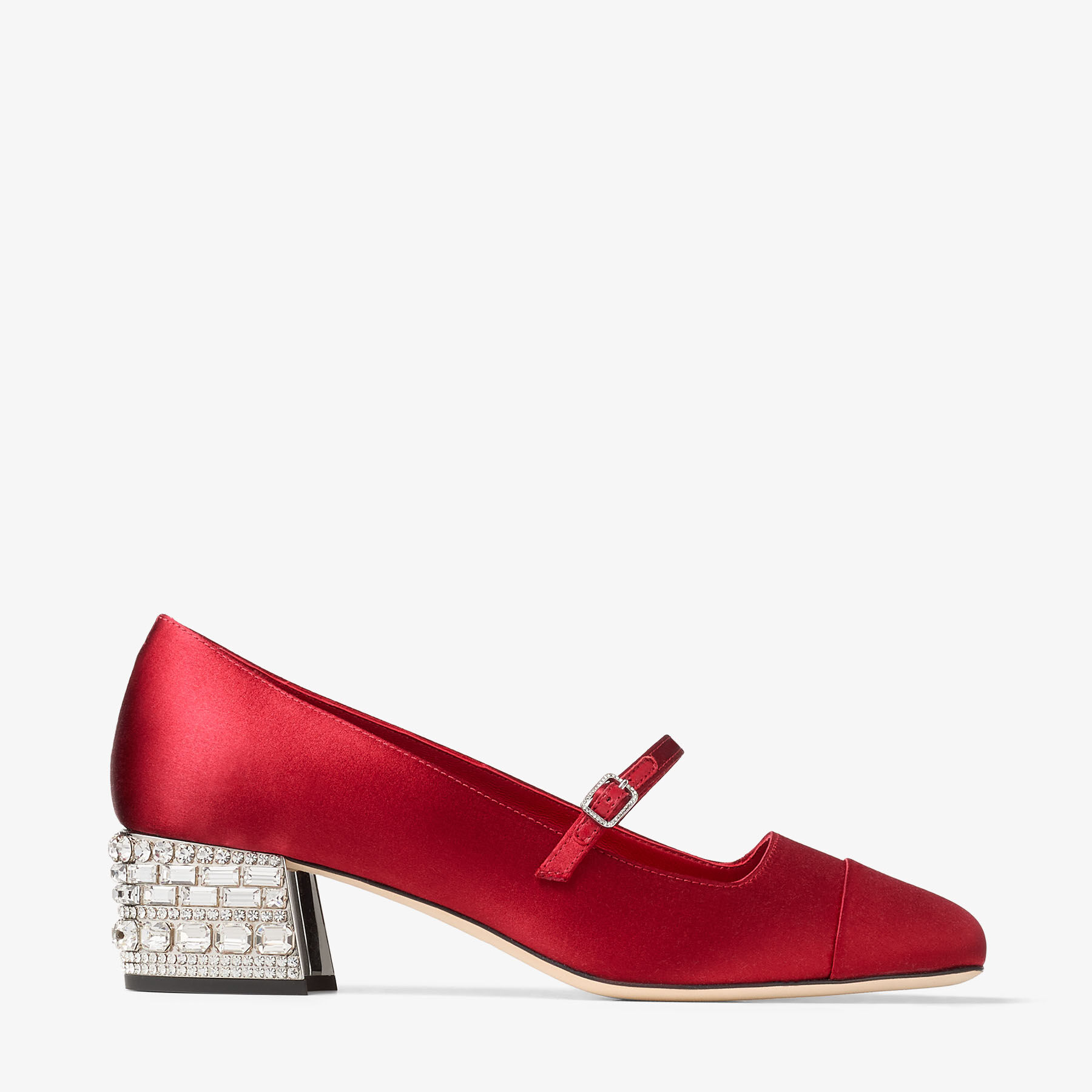 Elisa Crystal 45 | Ruby Red Satin Pumps with Crystal Embellishment