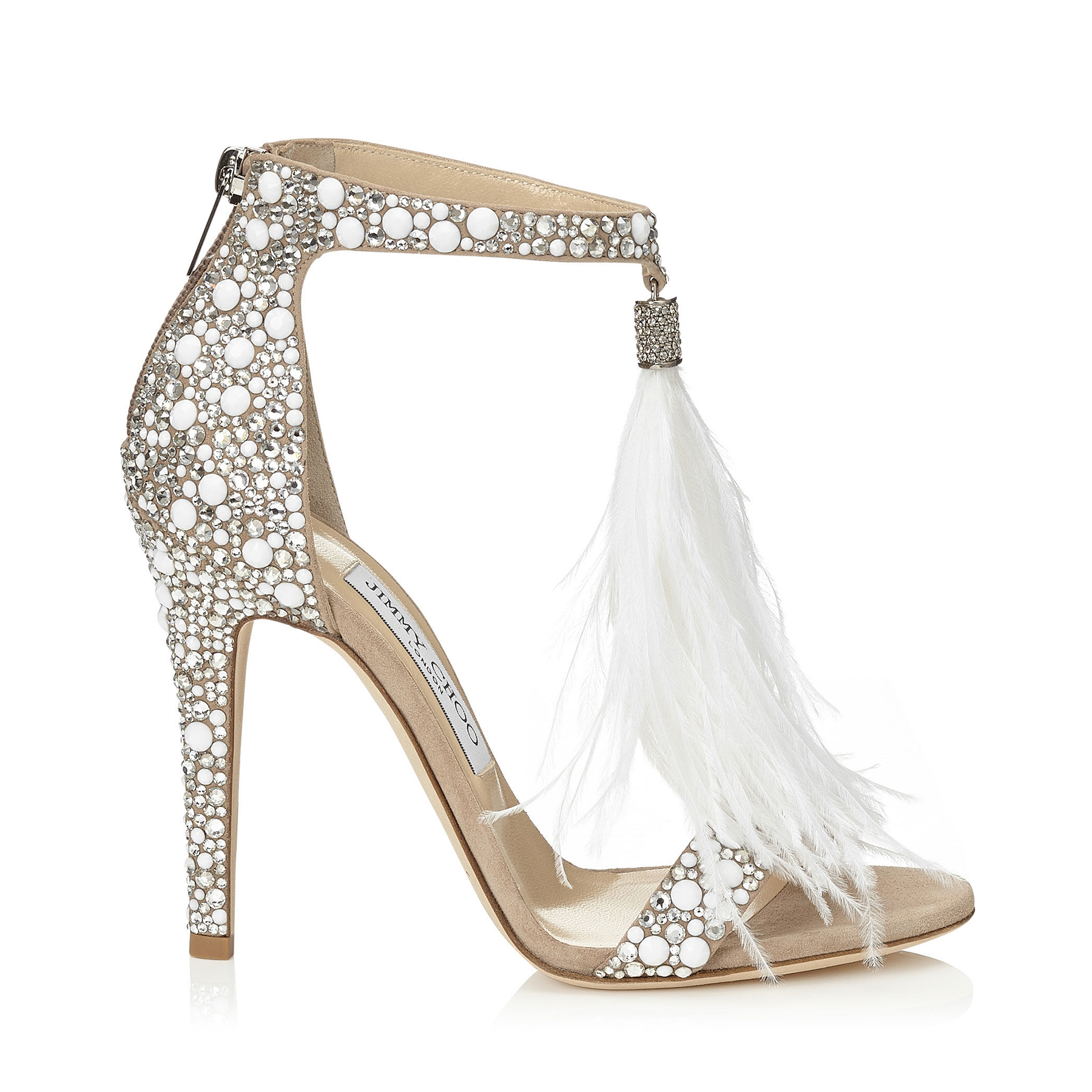 White Suede And Hot Fix Crystal Embellished Sandals With An Ostrich White Suede And Hot Fix Crystal Embellished Sandals With An Ostrich Feather Tel Viola 110 Cruise 16 Jimmy Choo