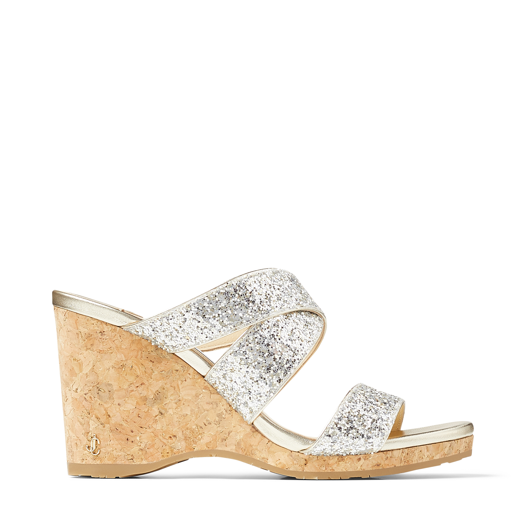 silver glitter wedge heels