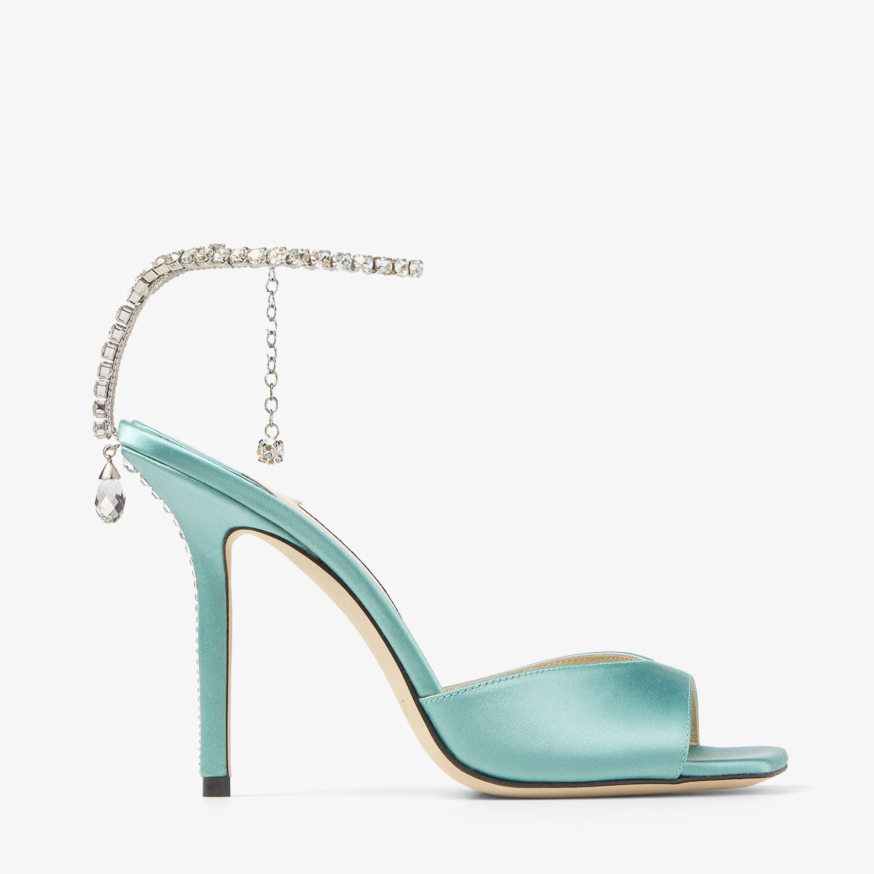 Jimmy Choo Saeda 100 Crystal-embellished Satin Sandals In Smoke Green/crystal
